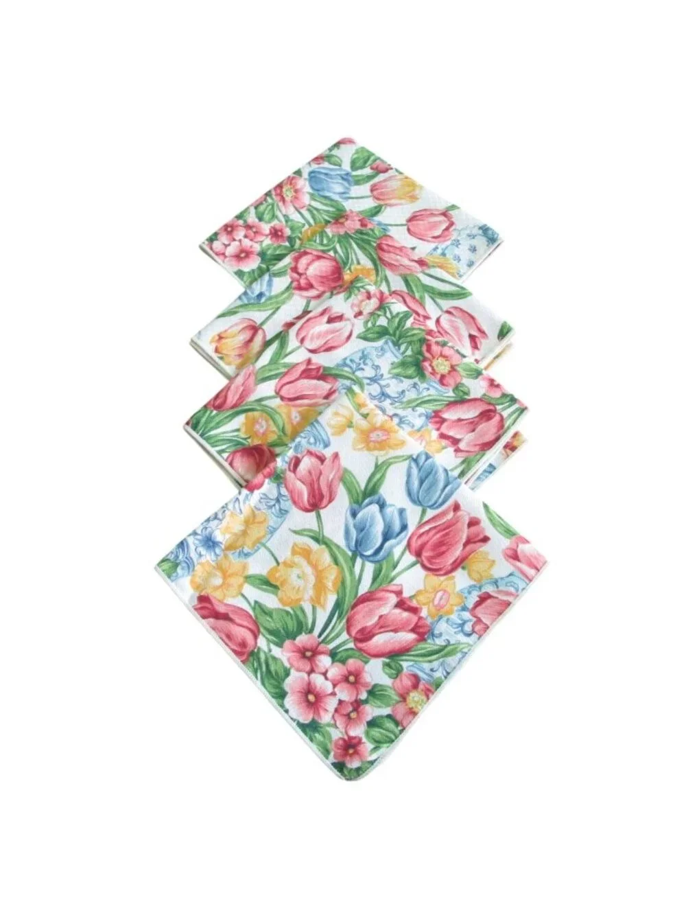 Easter Delft Bunny Floral Tulip Spring Polyester Napkin Set of Four Taiwan 1997